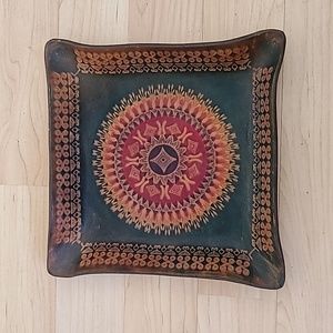 Hand Tooled Leather Tray Green Geometric Motiff-Bird Logo-Stamped-8 x 8" Square